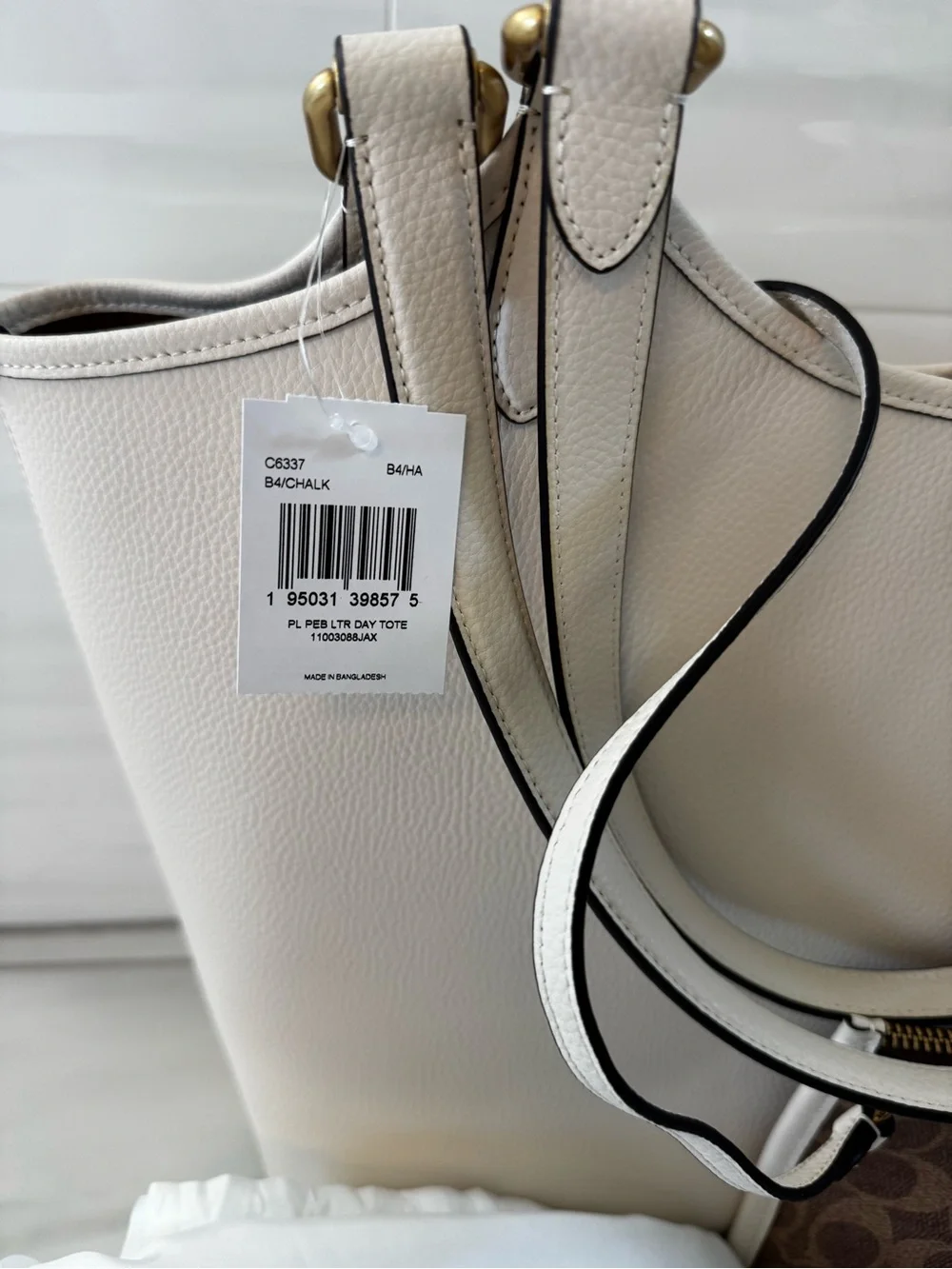 Coach Chalk Pebbled Leather Tote with Signature Brown Pouch